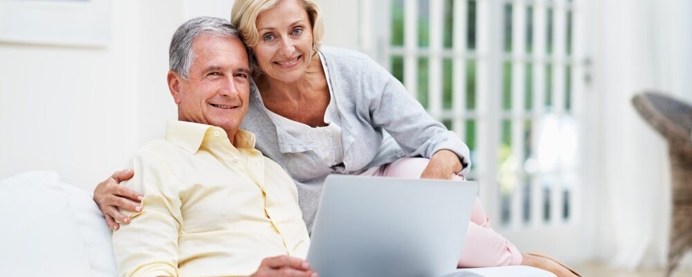 Laptop,,Happy,And,Portrait,With,Old,Couple,On,Sofa,For